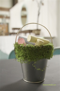 ShannonsStudio.com chalk in a moss lined chalk bucket @ wedding