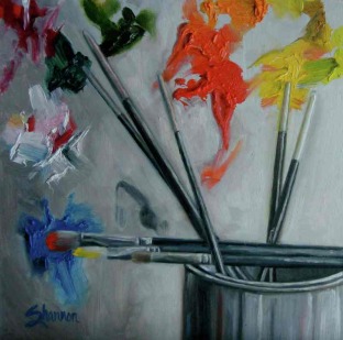 oil painting of paint and paint brushes